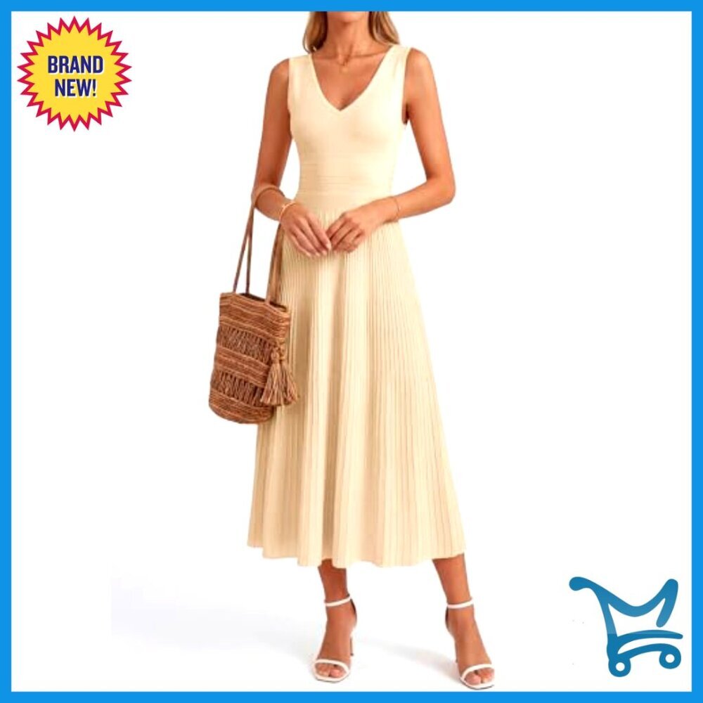 Sleeveless V-Neck Midi Dress, A-Line Knit, Cocktail Wedding Guest - Picture 6 of 7